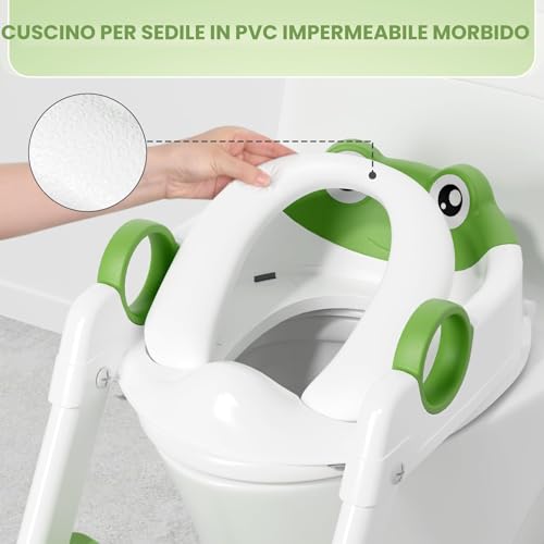 COOSEYA Frog Shaped Children's Toilet Reducer, 2 in 1 Potty with Ladder for Children, Waterproof Mat and Non-Slip Stool, Green