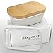 Butter Dish with Lid (White) | Covered Enamel Keeper with Beech Wood Top & Plastic Lid for Airtight Storage of Cheese | Tray Holds Half Pound of Stick Butter | Durable Food Storage Container (White)
