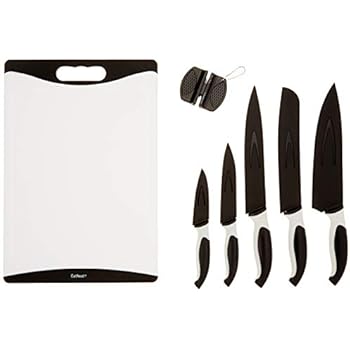 EatNeat 12-Piece Black Sharp Knife Set: 5 Stainless Steel Kitchen Knives with Covers, Cutting Board and Sharpener