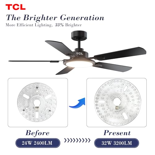 TCL Ceiling Fans with Lights, 52 Inch Ceiling Fan with Light and Remote Control, Reversible DC Motor, Noiseless, Dimmable 36W LED, Modern Ceiling Fan for Bedroom Living Room (Black)