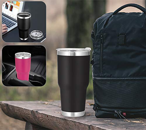30oz Tumbler, 2 Packs Stainless Steel Double Wall Vacuum Insulated Tumbler Travel Mug With 8Pcs Reusable Straw, 2Pcs Slider Lid, 2Pcs Cleaning Brush, 2Pcs Handles (Black + Rose)