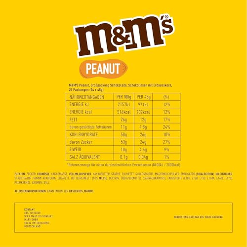 M&M's Peanut, Schokoladen Großpackung als Schokolade, 24 x 45g, Erdnussgeschmack Schokolinsen als Süßigkeiten, Schokoladen Geschenk (1080g) 2