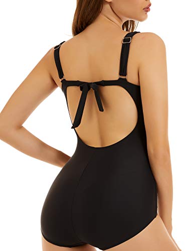 Peddney Women Ruched Padded One Piece Swimsuit Drawstring Tie Closure Bathing Suits Ruffle Swimwear Black