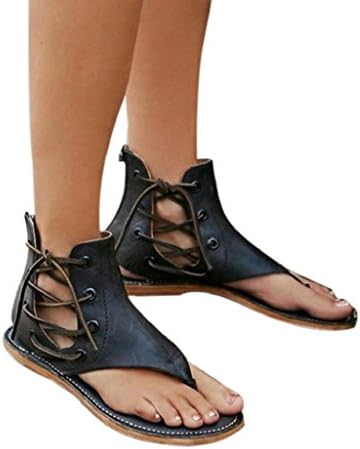 Creazrise Womens Roman Strappy Gladiator Flat Dress Sandals Summer Ankle Flat Straps Shoes Black