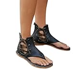 Creazrise Womens Roman Strappy Gladiator Flat Dress Sandals Summer Ankle Flat Straps Shoes Black