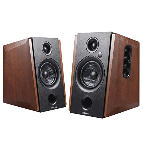 Sanyun SW228BT Powered Bluetooth Bookshelf Speakers - 4 Inch Active Carbon Fiber Speaker- Wireless Studio Monitors - Optical RCA 3.5mm Audio Inputs - 46W RMS - Wooden Enclosure