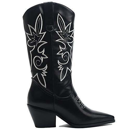SaraIris Western Boots for Women, Cowboy Cowgirl Pointed Toe Chunky Heel Boots Pull-on Mid Calf Boots for Ladies Knee High Boots