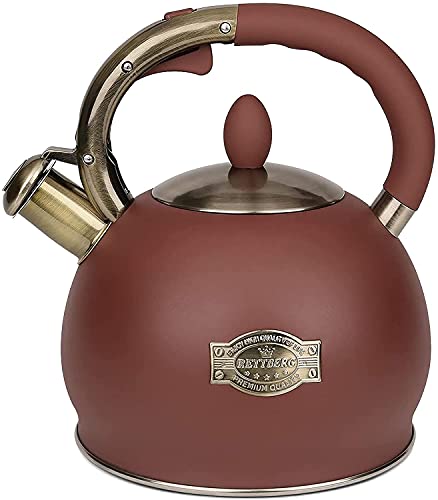 SUSTEAS Stove Top Whistling Tea Kettle-Surgical Stainless Steel Teakettle Teapot with Cool Toch Ergonomic Handle,1 Free Silicone Pinch Mitt Included (Wine red)