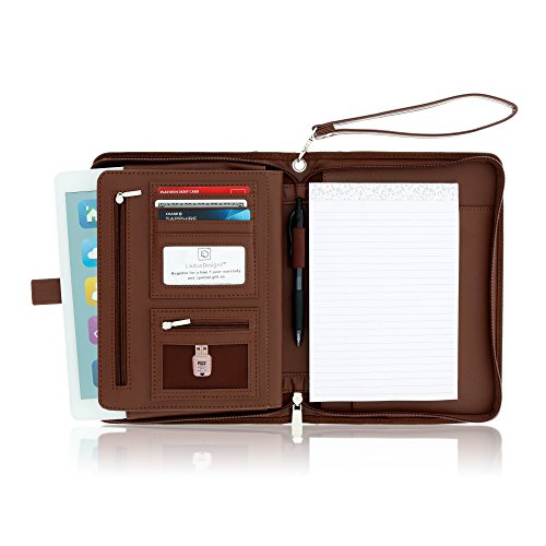 Small Zippered Business Padfolio with Junior Legal Notepad - Dark Brown PU Leather Portfolio Binder & Organizer Folder with 8 Inch Tablet Sleeve by Lautus Designs