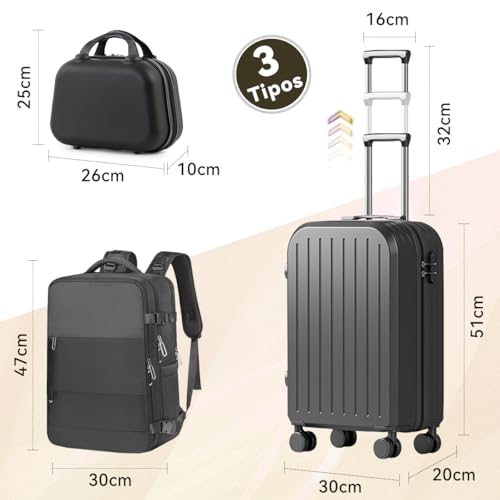 Juego de Maletas de Viaje,Set de 3 Piezas de Equipaje, 20 y 14 Pulgadas + Mochila de viaje, Mango Telescópico, Ruedas Giratorias 360°, Resistente ABS, Con Compartimentos Y Correa Ajustable
