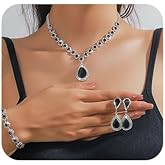 Missgrace Women Crystal Silver Black Necklace Earrings Set Crystal Bracelet Teardrop Dangle Earrings Rhinestone Necklace Bracelet Set for Bride Bridesmaid