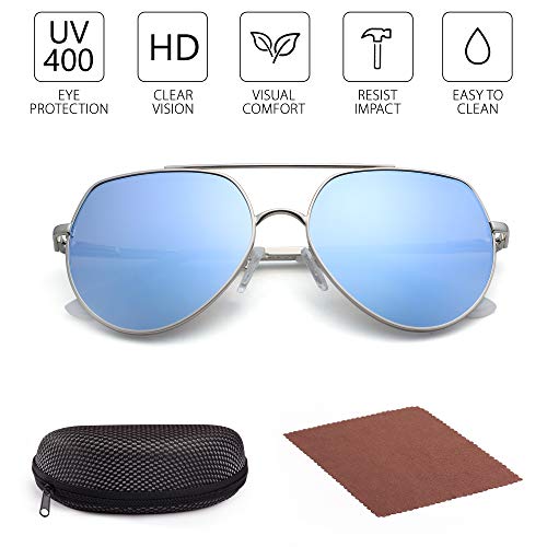 LotFancy Aviator Sunglasses for Women with Case, UV400 Protection, 58MM, Lightweight Eyewear for Driving Fishing Sports, Non Polarized, Revo Blue Mirrored Lens, Silver Metal Frame