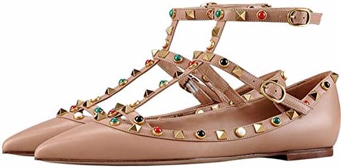 Womens Studded Flats Shoes，Leather Pointed Toe Slip On Dress Pumps Gold Stud Casual Flats Shoes Size 5-14 US