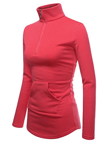 NEARKIN (NKNKWTT791 Women Soft Fleece Lined Comfy Slim Cut Upturned Collar Zipup Tshirts HOTPINK US S(Tag Size M) - Thumbnail 3