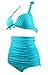 COCOSHIP Solid Black Elegant Vintage High Waisted Bikini Ruched Swimsuit Halter Swimwear(FBA)
