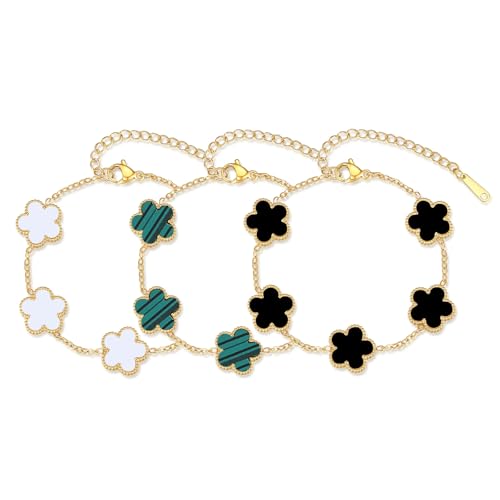 ZhouWei 3 Piece Lucky Clover Bracelet, 18K Gold Plated Clover Bracelet Lucky Charm Jewellery Stainless Steel Women Elegant Design for Weddings Parties and Lucky Gifts