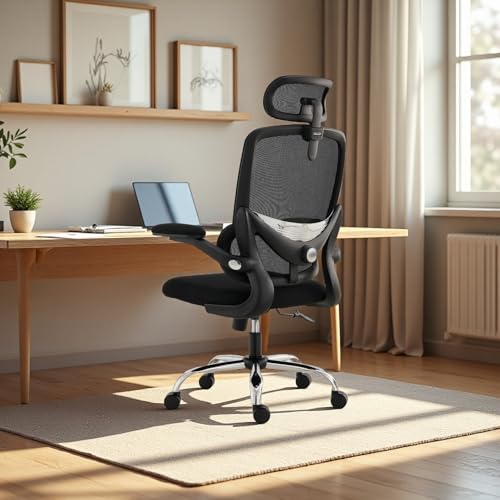 TONFARY Ergonomic Home Office Chair, High Back Mesh Desk Chair with Adjustable Lumbar Support, Flip-up Armrest, Removable Headrest, Swivel Computer Gaming Chair, Space Saving, 150KG (Black)