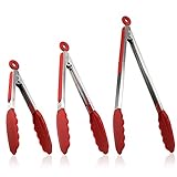 Tongs,Xpener 7,9,12 Inch Stainless Steel Kitchen Tongs with Heat Resistant Silicone Tips and Locking Design (Red)