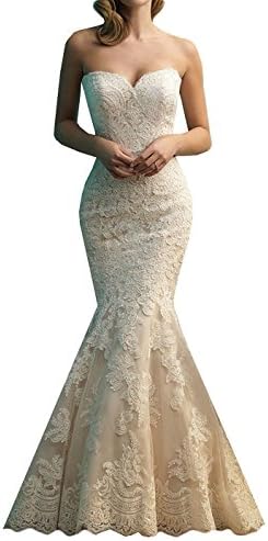 Datangep Women's Sweetheart Lace Appliques Backless Mermaid Chapel Trian Bridal Gown Wedding Dress Ivory US14