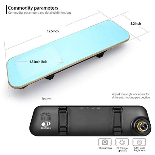 TENNBOO Mount Front and Rear Dash Cam with 4.3" Full HD 1080P Mirror Screen,170°Wide Angle Dual Lens Car DVR and 140°Water-Proof Back Camera,8GB Micro SD Card Included (Black)