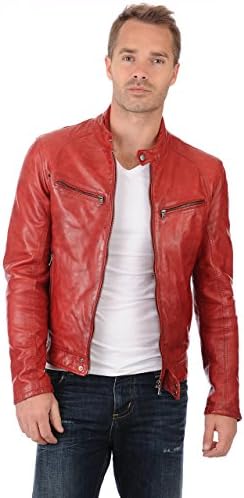 Fab Leather Men's Lambskin Leather Original Leather Bomber Biker Jacket Small Red