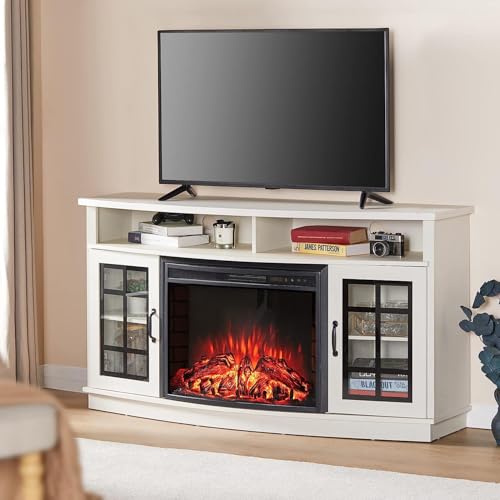 Jocisland Curved Fireplace TV Stand with 26'' Electric Fireplace, Media Entertainment Center Farmhouse Glass Door Storage Cabinet, Open Shelve Console Table for TVs up to 65'', Distressed White