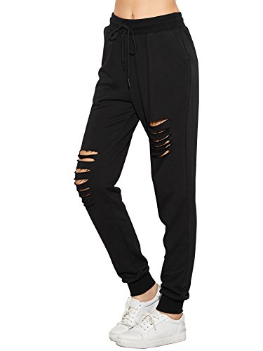 SweatyRocks Women's Ripped Pants Drawstring Yoga Workout Sweatpants Black M