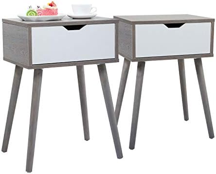Amazon Com Jaxsunny Mid Century Set Of 2 Wood Solid Wood Legs Nightstand Side Table Beside Table With Storage Drawer Modern End Table For Home Furniture Grey White Kitchen Dining