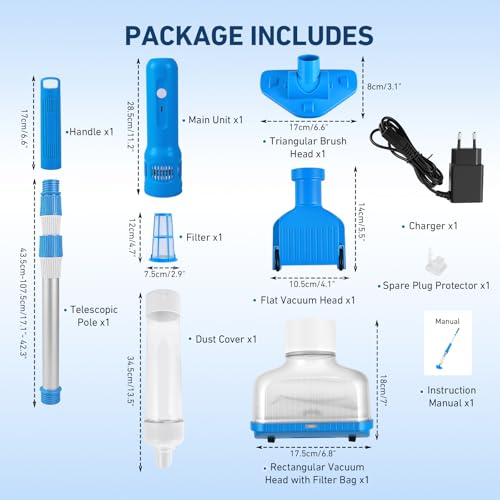 Aspirapolvere Piscina, Aspirapolvere Ricaricabile 3-in-1 con Palo Telescopico Regolabile (120cm-185cm), 70 Minuti di Funzionamento Aspirapolvere Pavimento Piscina per Piscine