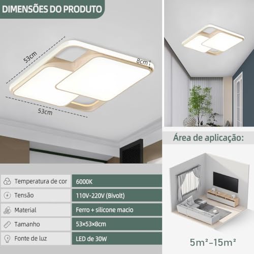 Luminária de Teto Quadrada LED 30W Bivolt - Design Minimalista, Corpo em Ferro com Pintura Espessa e Luz Suave para Quarto e Sala (2 Quadrados)