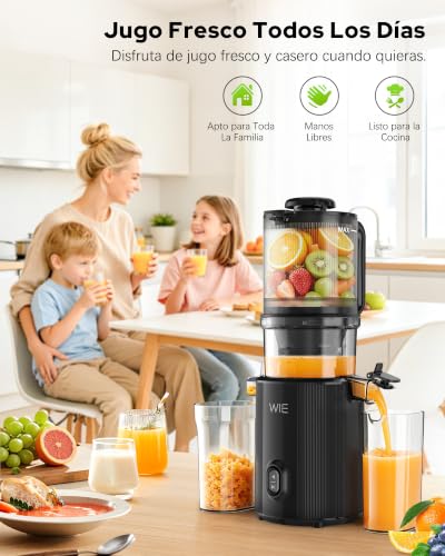 WIE Extractor de Zumos y Verduras 135 mm Boca Ancha, Slow Juicer 300W Prensado en Frío, Capacidad 2,2 L, Licuadora Prensado en Frío para Frutas y Verduras Enteras, Fácil Montaje y Limpieza, Sin BPA