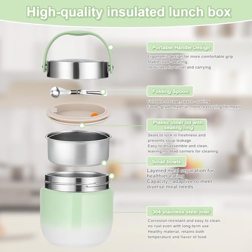 Thermal Food Container 1200 ml, Food Thermos Flask for Feeding Food, Insulated Bowl with Lid with Folding Spoon, Suitable for Storing Flour, Soup, Lunch, Cheese (Green)