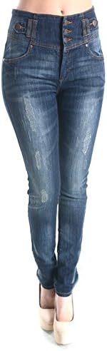 Women's Stretch Destroy High Waist Triple Button Skinny Jean With 5 Pockets (9, 5045)