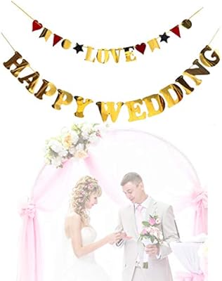 Moohome Shiny Gold Happy Wedding Banner Wedding Pull Flag For