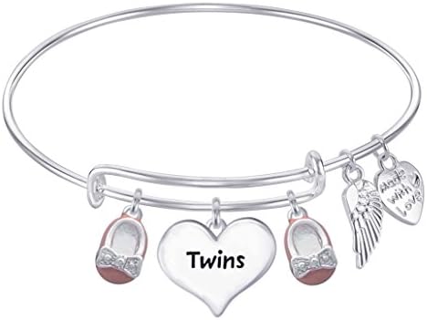 TWINS Expandable Wire Bangle Bracelet with Baby Shoe Charm and Angel Wing Charm GIFT BOXED (TWO GIRLS)