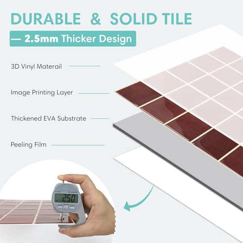 Commomy Thick Adhesive Kitchen Tiles Red, 10-Pieces, 30.5 x 30.5 cm, Self-Adhesive Vinyl Kitchen Wall Tiles, 3D, Backsplash Tiles Adhesive for Wall, Kitchen, Bathroom and Subway