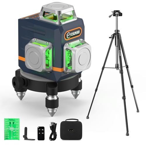 CIGMAN Cross Line Laser with Tripod, 3 x 360 Degrees, Green, Self-Levelling Laser Spirit Level with 1.5 m Aluminium Construction Tripod, Construction Laser Cross Laser Line Laser up to 30 Hours with Lithium Battery, CM701T