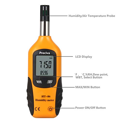 Preciva Digital Psychrometer ThermoHygrometer, LCD Mini Temperature and Humidity Meter with Dew