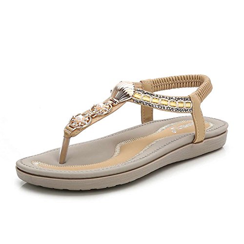 Wollanlily Women's Rhinestone Thong Elastic Sandals Summer Beach Bohemia T-Strap Flip Flops Flat Shoes(5.5 B(M) US,Beige 01)