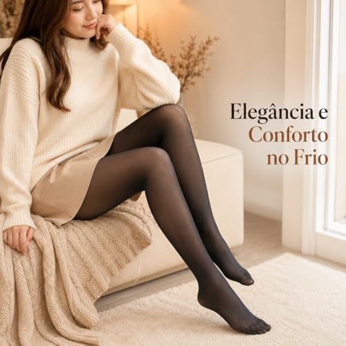 Meia Calça Térmica Feminina Translúcida Forrada Pelinho Preta Tamanho Único 36 ao 44 Interior Aveludado Efeito Meia Fina Forro Pelúcia Poliéster Elastano Para Inverno