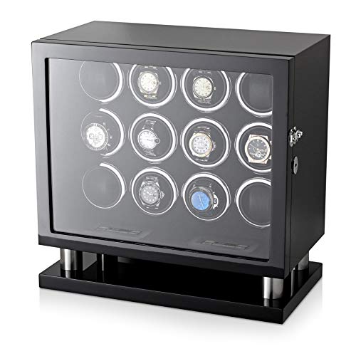 12 Watch Winder for Automatic Watches with LED Light and LCD Touchscreen Control (Black + Black)