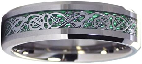 Tungsten Celtic Dragon Ring Mens Womens Green Carbon Fiber Wedding Band 6mm