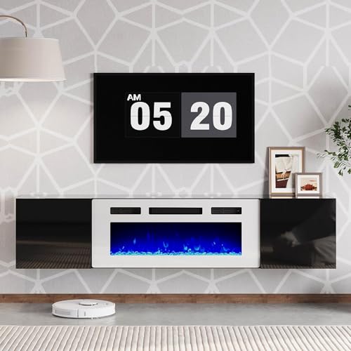 AMERLIFE Floating TV Stand with 36" Electric Fireplace, High Gloss