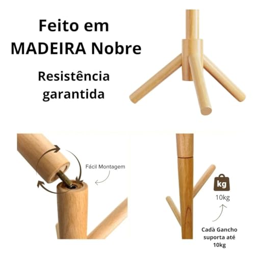 Cabideiro de Chão em Madeira 175 cm de Altura 8 Ganchos Mancebo Cabideiro Arara de Madeira Polida Ecológica e Vertical Desmontável e Leve Ideal para Pendurar Roupas e Acessórios Premium