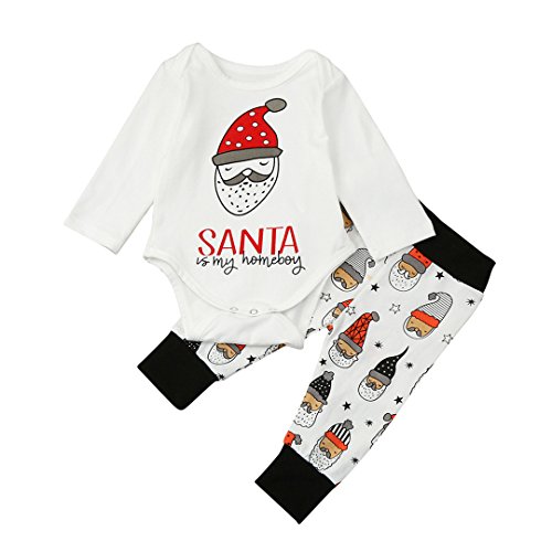 Newborn Baby Boy 2Pcs Christmas Clothes Long Sleeve Santa Romper with Pants Outfits Set (12-18month(100))