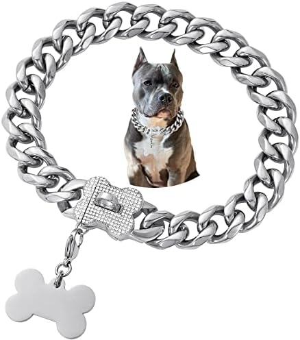 thumbnail interactive-video image 1 of Heavy Duty Stainless Steel Cuban Link Dog Chain Collar - Thick Adjustable For Pitbull, Rottweiler, Lab (Gold/Silver) 1 of 5