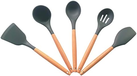 Silicone Cooking Utensils with Acacia Hardwood Handle by OEB Kitchen Classics | 5 Pieces Set | Natural Hardwood | Kitchen Utensils Guaranteed | Great Gift | BPA Free Nonstick Silicone