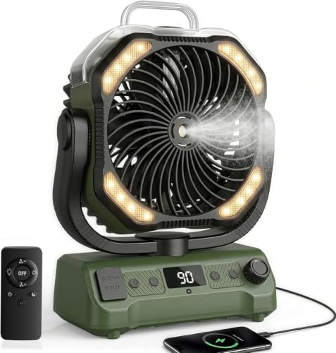 Lolleys Ventilateur Brumisateur de Camping 20000mAh, Ventilateur Portable Rechargeable avec Télécommande, Double Moteur, Crochet 360°, Vitesse Variable pour Extérieur Pêche Camping-car Plage, Green