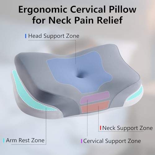 KEVIAN Cervical and Cervical Support Pillow, Ergonomic Curve, High Density Memory Foam Pillow for Side Sleeper, Face Up and Down Sleeping, with Washable Cover, 60 x 37 x 13/12 cm