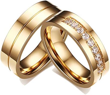 6MM Couple Titanium Stainless Steel Promise Engagement Wedding Bands for Him and Her Women Cubic Zirconia CZ Rings (Rose Gold, with Cubic Zirconia for Her 7)